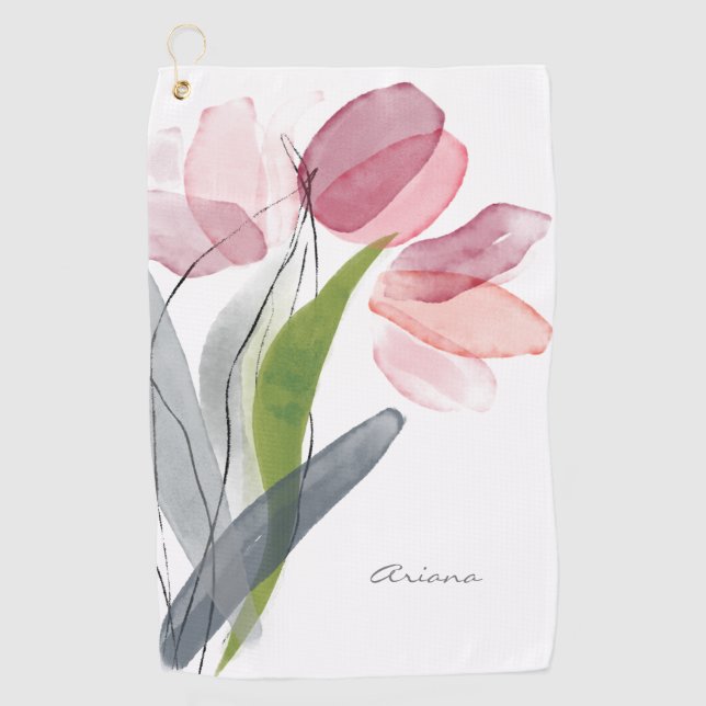 Girly Pink Floral Tulips Leaves White Golf Towel (Front)