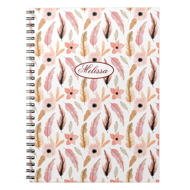 Girly Pink Floral Watercolor Pattern Name Script Notebook (Front)