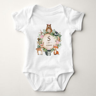 Girly Pink Floral Woodland Animals Custom Monogram Baby Bodysuit