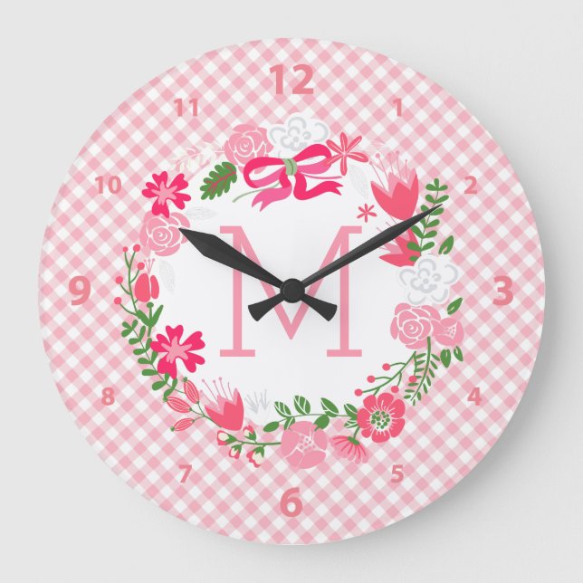 Girly Pink Floral Wreath Personalised Monogram Large Clock (Front)