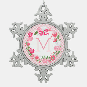 Girly Pink Floral Wreath Personalised Monogram Snowflake Pewter Christmas Ornament