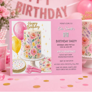 Girly Pink Flower Birthday Cake Kids Party Invitation