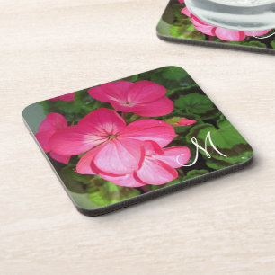 Girly Pink Geranium Photo Monogram  Coaster
