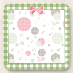 Girly Pink Gingham Pattern Circles Cute Daisies Coaster