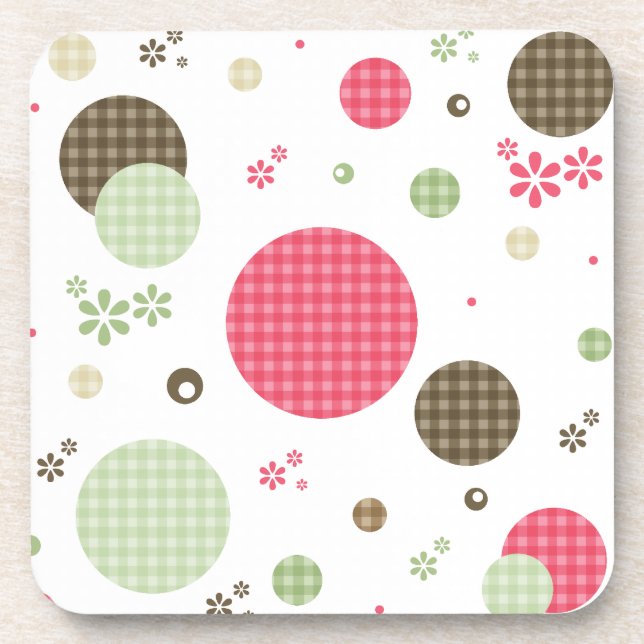 Girly Pink Gingham Pattern Circles Cute Daisies Coaster (Front)
