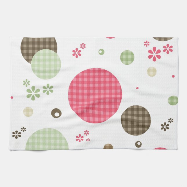 Girly Pink Gingham Pattern Circles Cute Daisies Tea Towel (Horizontal)