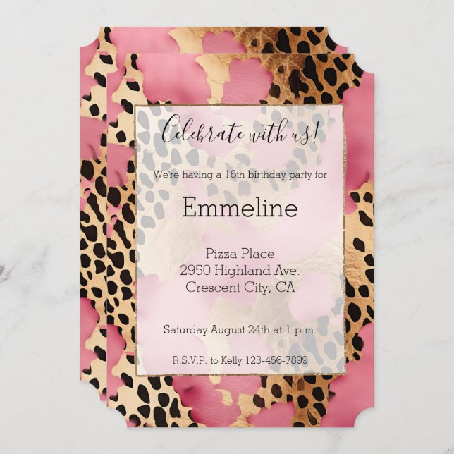 Girly Pink Glam Black Gold Leopard Invitation (Front/Back)