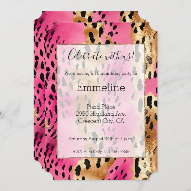 Girly Pink Glam Gold Leopard Print Invitation (Front/Back)