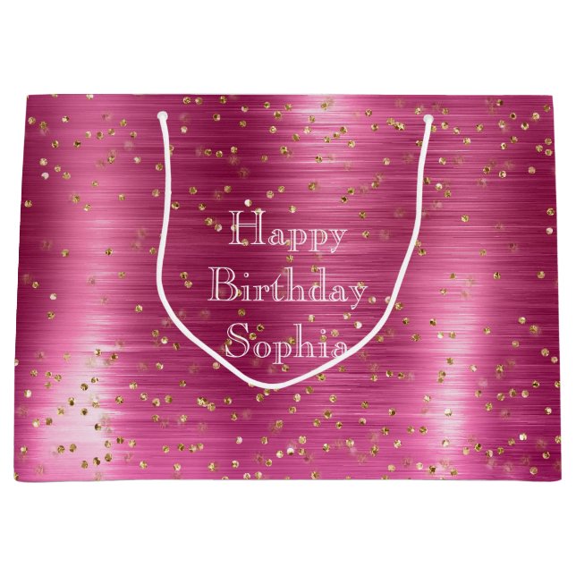 Girly Pink Glam Gold Sparkle Confetti Birthday Large Gift Bag (Front)