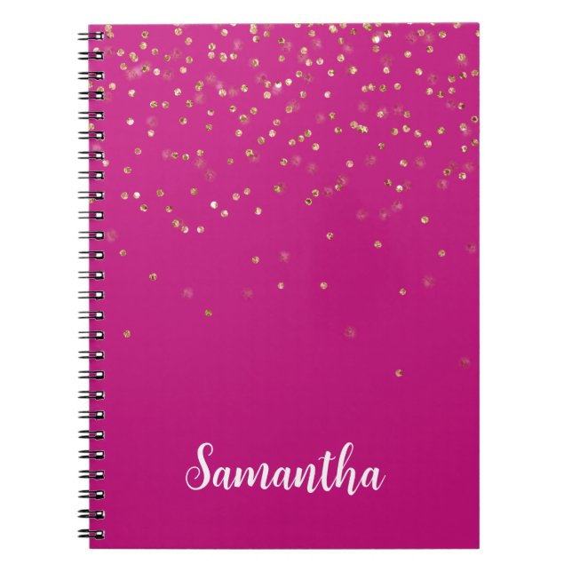 Girly Pink Glam Gold Sparkle Confetti Personalised Notebook (Front)