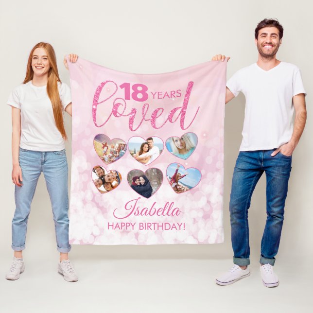 Girly Pink Glitter 18th Birthday Photo Collage Fleece Blanket (In Situ)