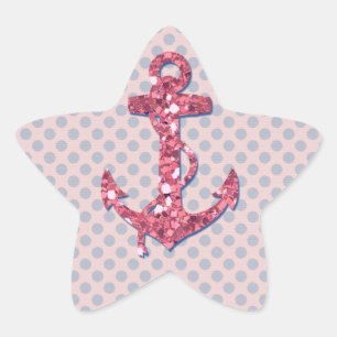 GIRLY PINK GLITTER ANCHOR DOTS PATTERN STAR STICKER