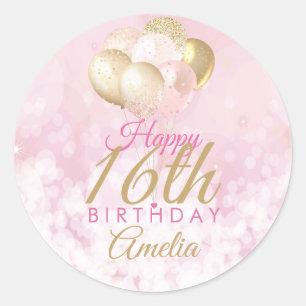 Girly Pink Glitter Balloons 16th Birthday Classic Round Sticker