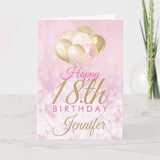 Girly Pink Glitter Balloons 18th Birthday Card (Front)
