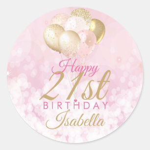 Girly Pink Glitter Balloons 21st Birthday Classic Round Sticker