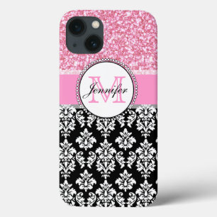 Girly, Pink, Glitter Black Damask Personalised iPhone 13 Case