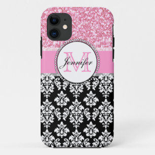 Girly, Pink, Glitter Black Damask Personalised Case-Mate iPhone Case