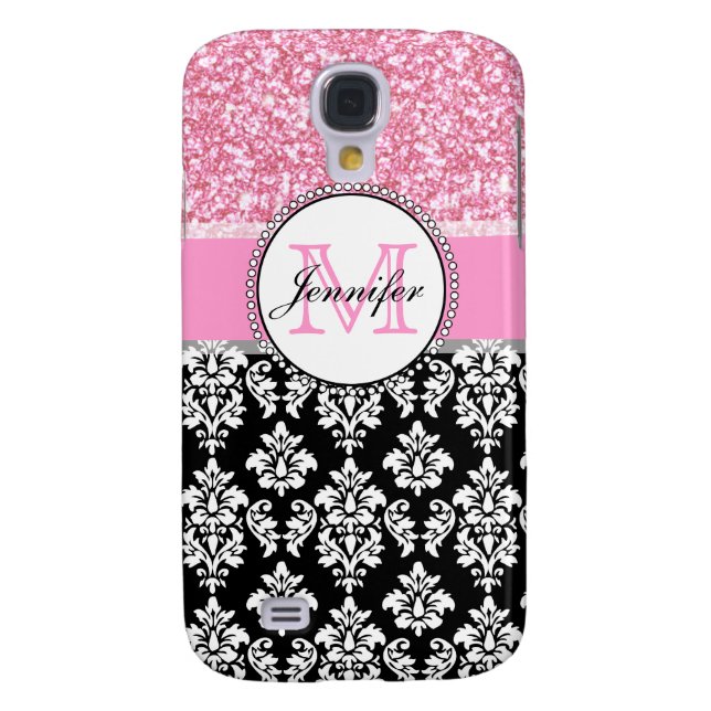 Girly, Pink, Glitter Black Damask Personalised Case-Mate Samsung Galaxy Case (Back)