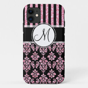 Girly, Pink Glitter, Black Damask Your Monogram Case-Mate iPhone Case