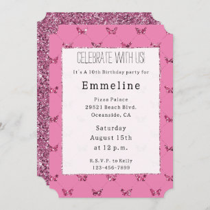Girly Pink Glitter Butterflies Invitation