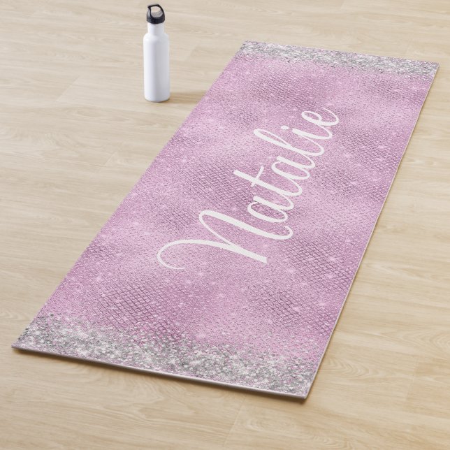 Girly Pink Glitter Custom Script Monogram Name Yoga Mat (In Situ)