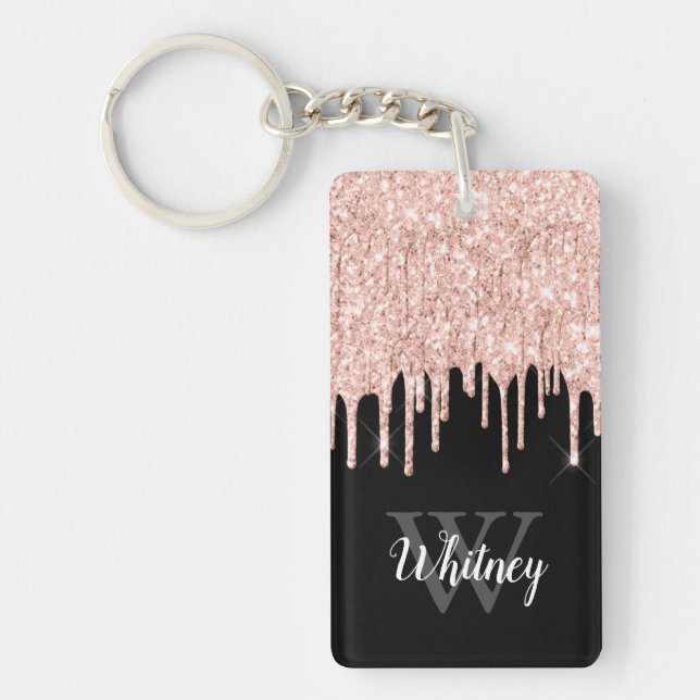 Girly Pink Glitter Drip Grey Monogram Key Ring (Front)