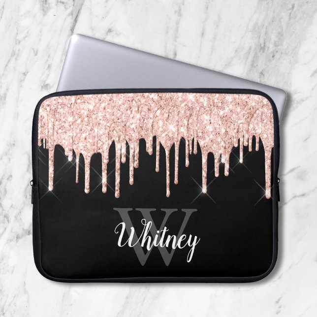 Girly Pink Glitter Drip Grey Monogram Laptop Sleeve (Creator Uploaded)