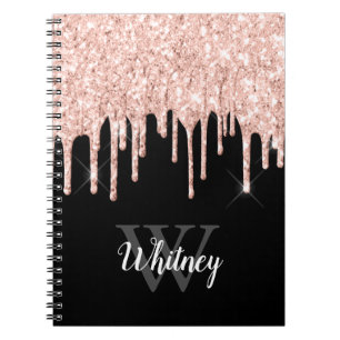 Girly Pink Glitter Drip Grey Monogram Notebook