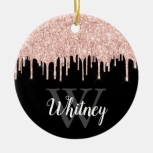 Girly Pink Glitter Drip Grey Monogram Photo Cerami Ceramic Tree Decoration