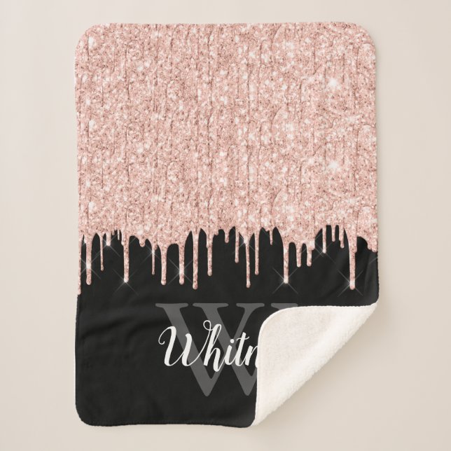 Girly Pink Glitter Drip Grey Monogram Sherpa Blanket (Front)