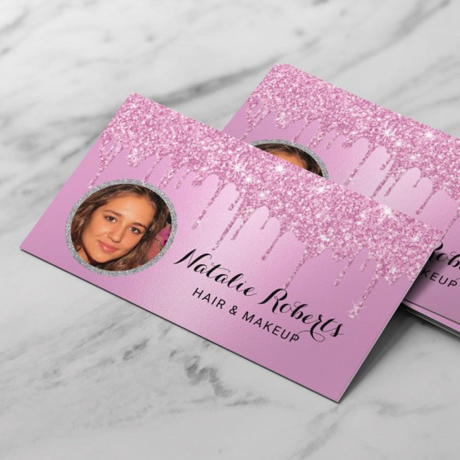 Girly Pink Glitter Drips Beauty Salon Photo Business Card (Creator Uploaded)