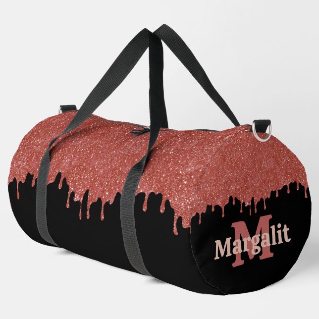 Girly Pink Glitter Drips Black Large  Duffle Bag (Left Corner)