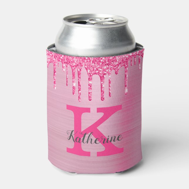 Girly Pink Glitter Drips Chic Glam Monogram Name Can Cooler (Can Front)