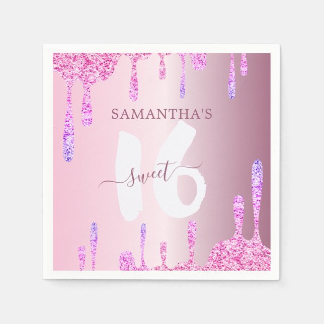 Girly Pink Glitter Drips Sweet 16  Napkin (Front)