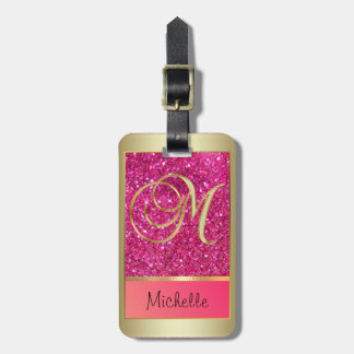 Girly Pink Glitter Golden Monogram Letter M Luggage Tag