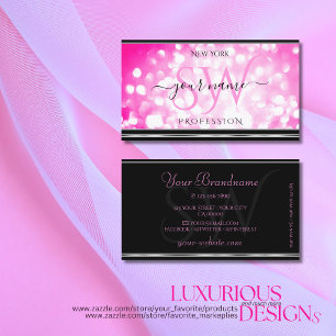 Girly Pink Glitter Initials Black  Silver Border Business Card