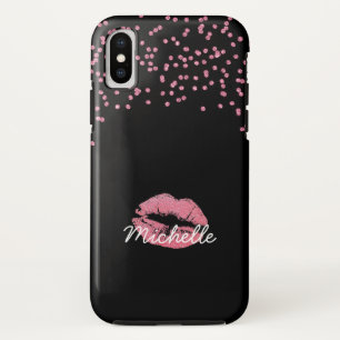 Girly Pink Glitter Lips Monogram Name Case-Mate iPhone Case