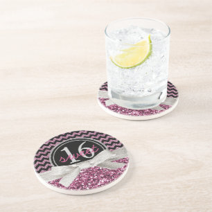 Girly Pink Glitter Look Sweet 16 Chevron Coaster