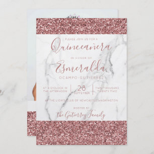 Girly Pink Glitter Marble Quinceanera Photo Invitation