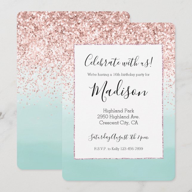 Girly Pink Glitter Mint Ombre Watercolor Invitation (Front/Back)