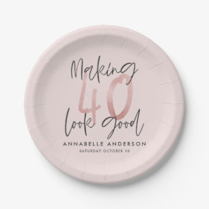 Girly pink glitter modern stylish 40th birthday paper plate