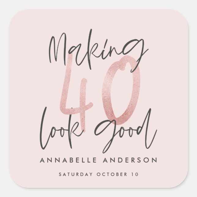 Girly pink glitter modern stylish 40th birthday  square sticker (Front)