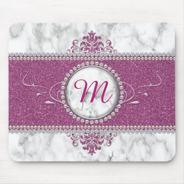 Girly Pink Glitter Monogram Mouse Pad (Front)
