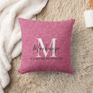 Girly Pink Glitter Monogram Name   Cushion