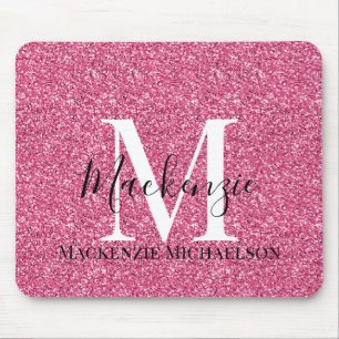 Girly Pink Glitter Monogram Name Mouse Pad