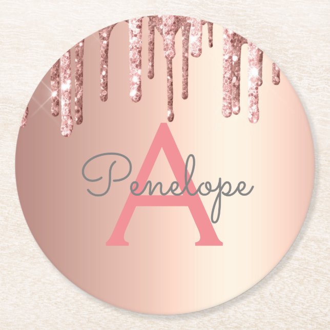 Girly Pink Glitter Monogrammed Rose Gold Drips Round Paper Coaster (Front)
