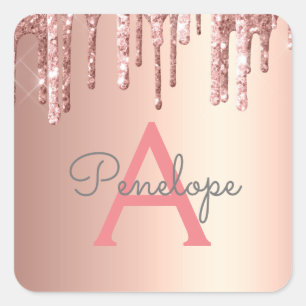 Girly Pink Glitter Monogrammed Rose Gold Drips Square Sticker