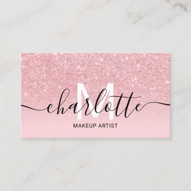 Girly pink glitter ombre sparkles name makeup logo business card (Front)