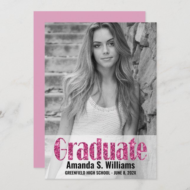 Girly Pink Glitter Photo Graduation  Announcement (Front/Back)