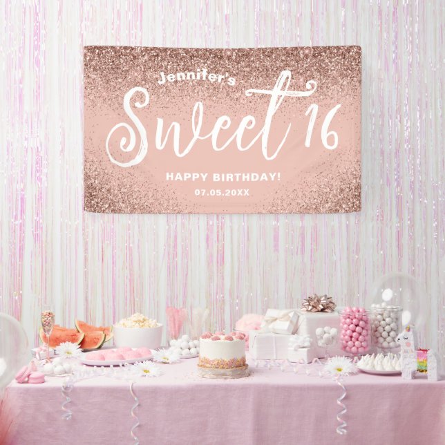 Girly Pink Glitter Rose Gold 16th Birthday Name Banner (Party)